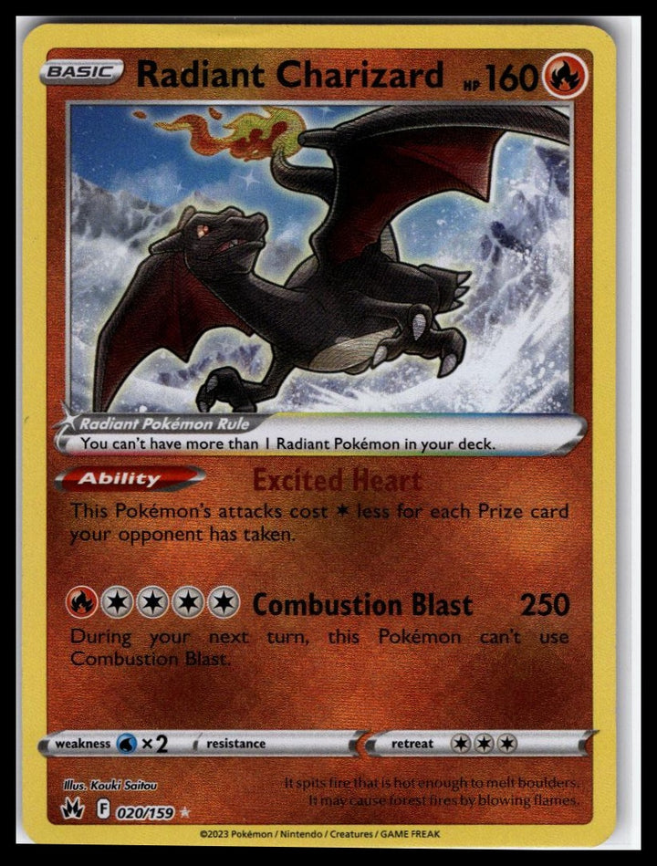 Pokémon trading card featuring Radiant Charizard with detailed artwork and text.