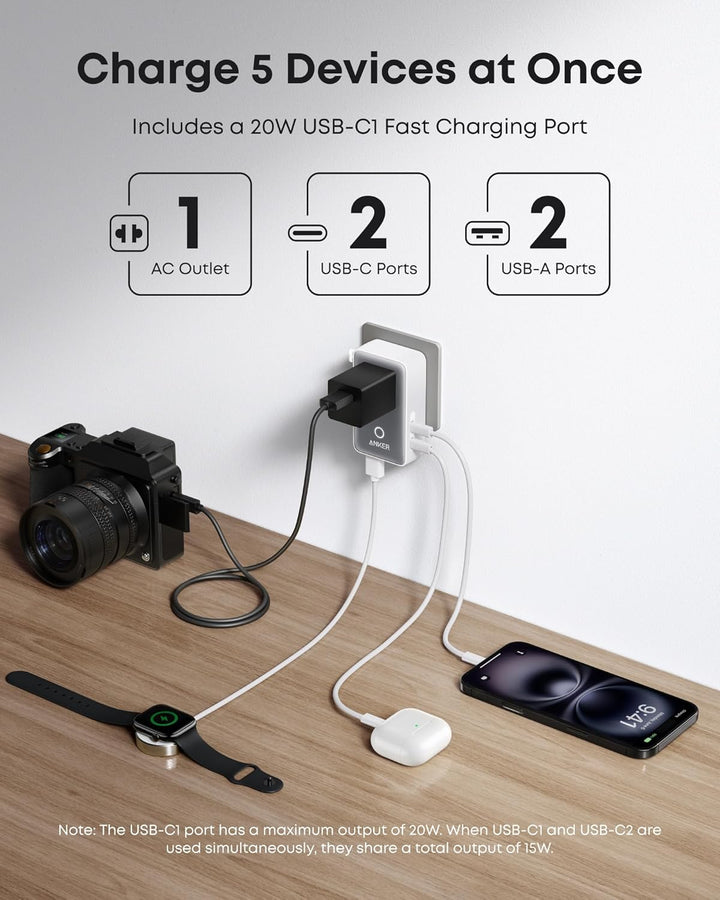 Anker Nano Travel Adapter (5-in-1, 20W, 1-Pack)