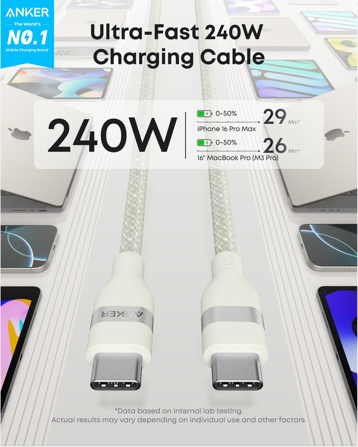 Anker USB-C to USB-C Cable (3 ft / 6 ft, 240W, Upcycled-Braided)